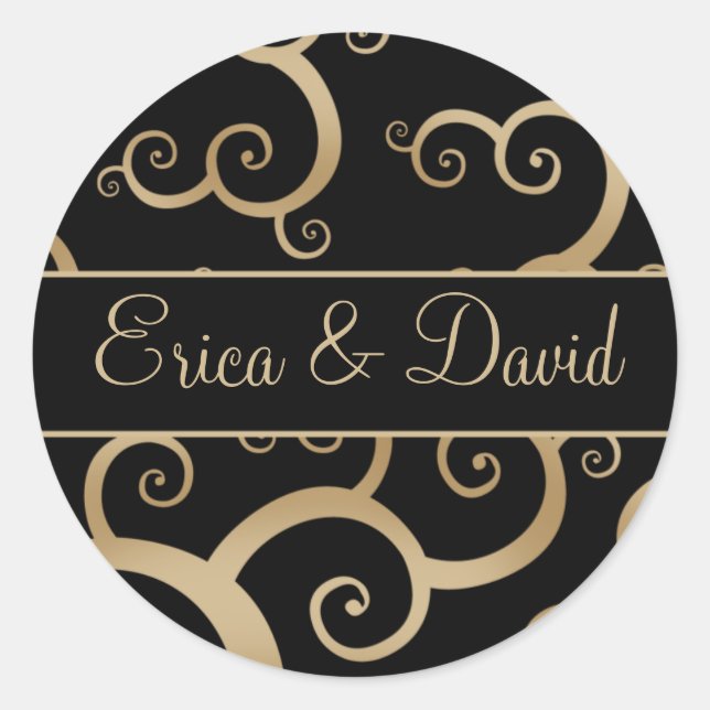Gold Black Damask Wedding Invitations Classic Round Sticker (Front)
