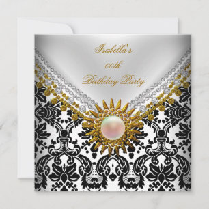 Gold Black Damask White Elegant Birthday Party Invitation