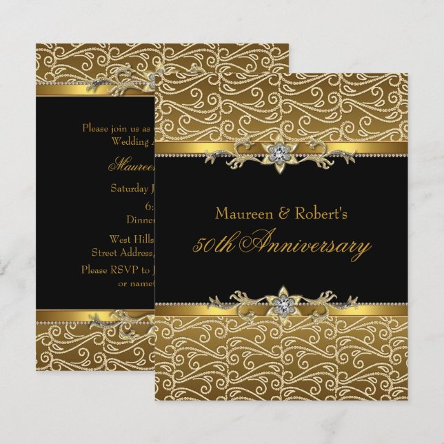 Gold Black Diamond 50th Anniversary Invitation (Front/Back)