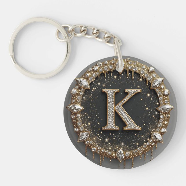 Gold Black Diamond Letter K Gift Keychain (Front)