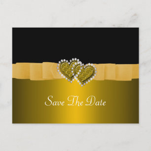 Gold & Black Diamond Locking Hearts Wedding Announcement Postcard