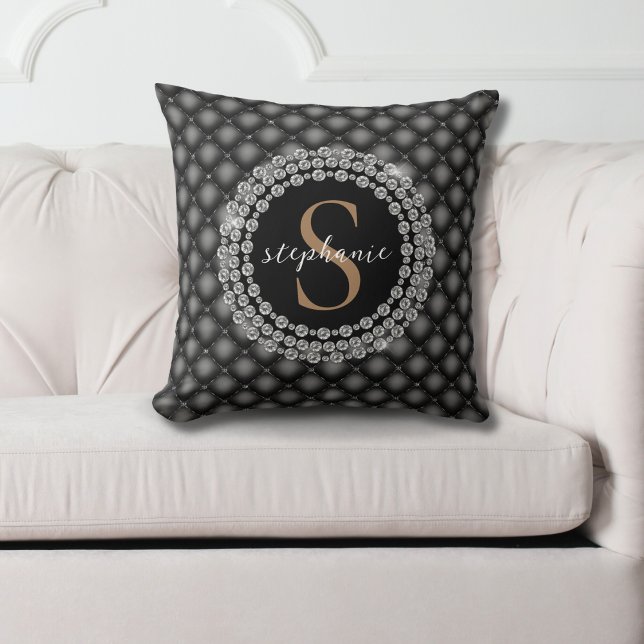 Gold Black Diamonds Monogram Tufted Elegant Luxury Throw Pillow (Mockup view)