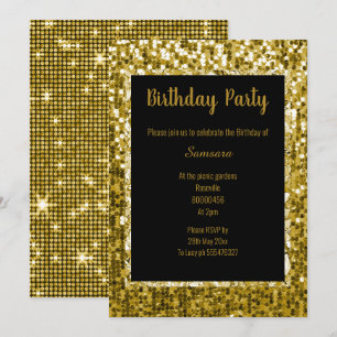 GOLD BLACK DISCO THEME SUPER SPARKLE BIRTHDAY BLK INVITATION