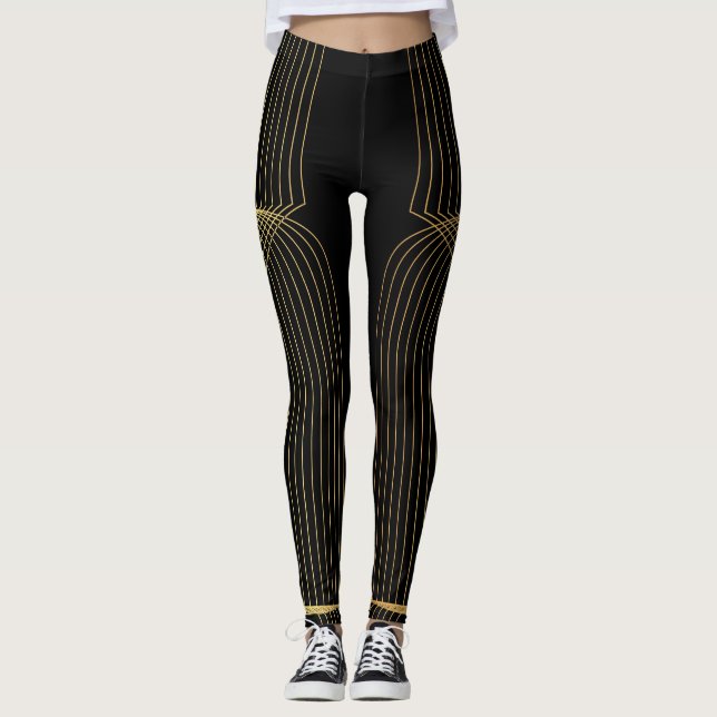 Gold, black, elegant, cool, unique trendy line art leggings (Front)