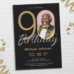 Gold Black Elegant Custom Photo 90th Birthday Invitation<br><div class="desc">Gold Black Elegant Custom Photo 90th Birthday Invitation. Elevate your milestone celebration with an invitation design that epitomizes understated elegance and chic minimalism. Our black and gold theme exudes sophistication, creating a refined atmosphere for your special day. The custom photo feature adds a personalized touch, ensuring that each invitation is...</div>