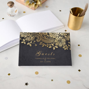 Gold black elegant lace wedding guest book