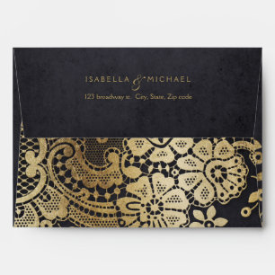 Gold black elegant lace wedding return address envelope