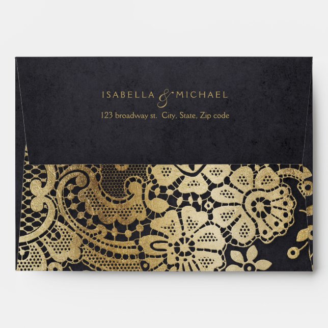 Gold black elegant lace wedding return address envelope (Back (Top Flap))