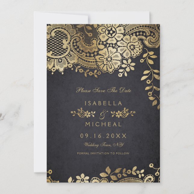 Gold black elegant lace wedding save the date (Front)