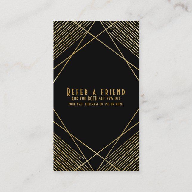 Gold Black Elegant Modern Glam Deco Refer a Friend Referral Card (Front)