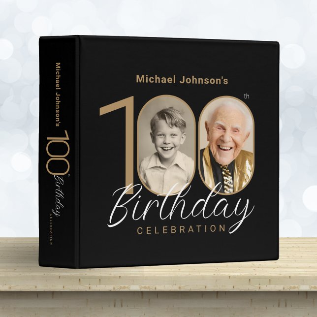 Gold Black Elegant Photo Album 100th Birthday Gift Binder (Mockup View)