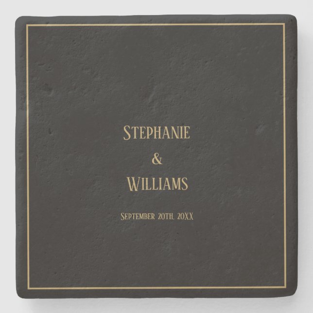Gold Black Elegant Simple Name Wedding Gift Favour Stone Coaster (Front)