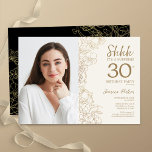 Gold Black Elegant Surprise Photo 30th Birthday Invitation<br><div class="desc">Floral gold cream and black surprise 30th birthday party invitation with your photo on the front of the card. Elegant modern design featuring botanical outline drawings accents and typography script font. Simple trendy invite card perfect for a stylish female bday celebration. Can be customized to any age. Printed Zazzle invitations...</div>