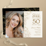 Gold Black Elegant Surprise Photo 50th Birthday Invitation<br><div class="desc">Floral gold cream and black surprise 50th birthday party invitation with your photo on the front of the card. Elegant modern design featuring botanical outline drawings accents and typography script font. Simple trendy invite card perfect for a stylish female bday celebration. Can be customized to any age. Printed Zazzle invitations...</div>