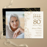 Gold Black Elegant Surprise Photo 80th Birthday Invitation<br><div class="desc">Floral gold cream and black surprise 80th birthday party invitation with your photo on the front of the card. Elegant modern design featuring botanical outline drawings accents and typography script font. Simple trendy invite card perfect for a stylish female bday celebration. Can be customized to any age. Printed Zazzle invitations...</div>