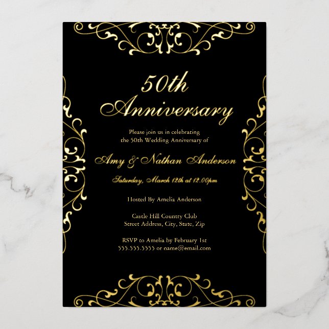 Gold Black Elegant Swirl 50th Wedding Anniversary (Front)