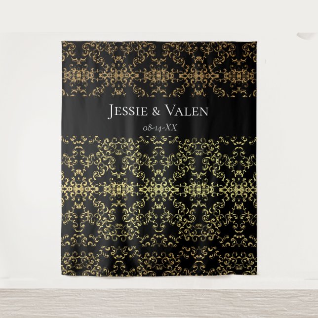 Gold Black Elegant Swirl Gothic Wedding Tapestry (Front)