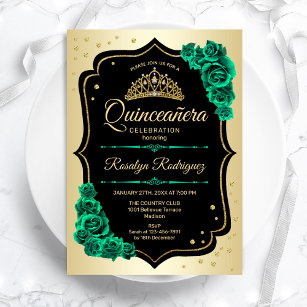 Gold Black Emerald Green Elegant Quinceanera Invitation