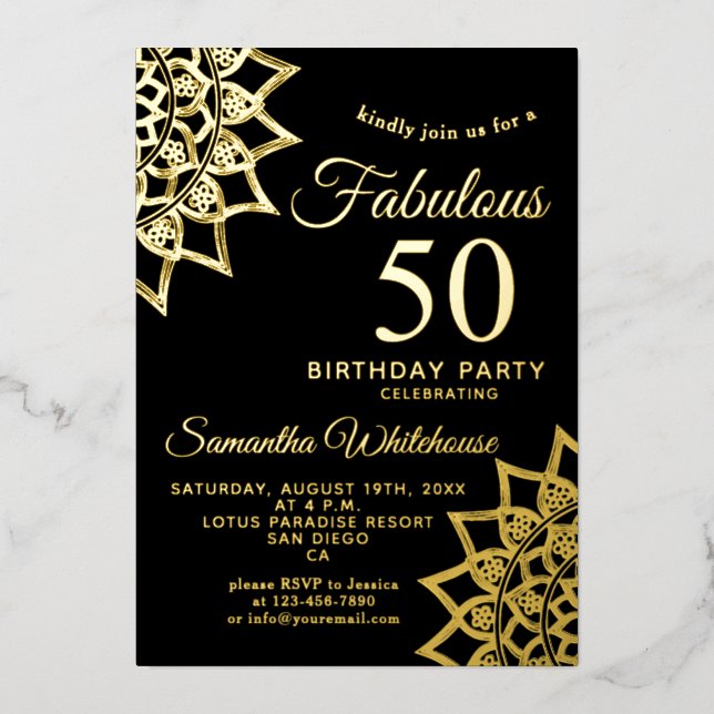 Gold Black Fabulous 50 Birthday  Foil Invitation (Front)
