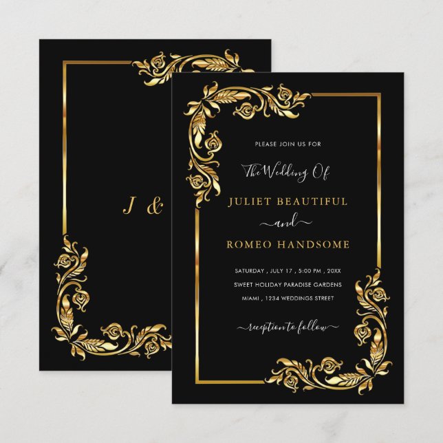 Gold Black Faire-part de mariage moderne de luxe (Devant / Derrière)