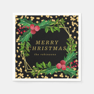 Gold Black Family Christmas Party Holly Glitter Napkin
