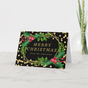 Gold Black Family Merry Christmas Holly Glitter Holiday Card