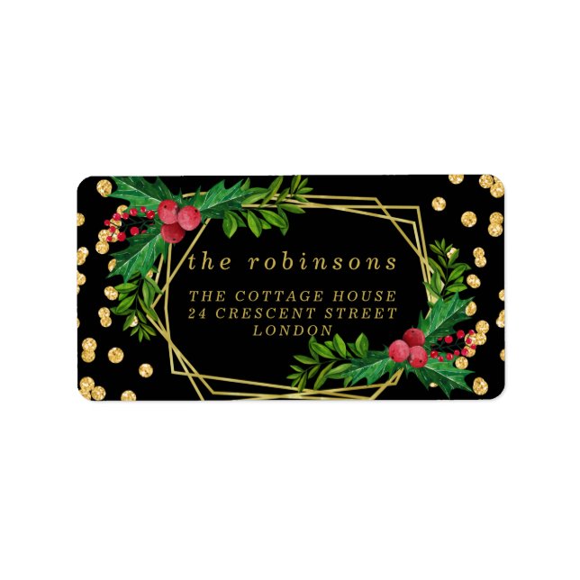 Gold Black Family Merry Christmas Holly Glitter Label (Front)