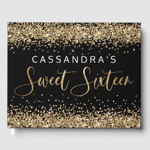 Gold Black Faux Glitter Sweet Sixteen Guest Book