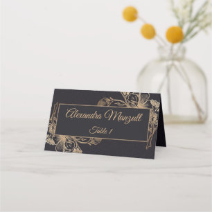 Gold Black Faux Metal Floral Design Wedding Place Card