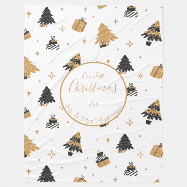 Gold Black First Christmas Tree Pattern Custom Fleece Blanket (Front)