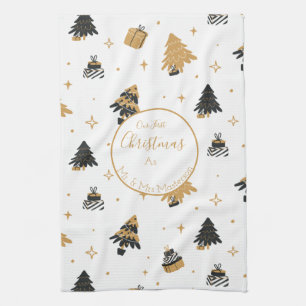 Gold Black First Christmas Tree Pattern Custom Kitchen Towel