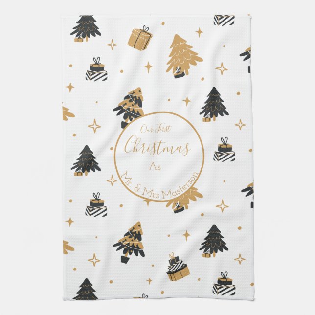 Gold Black First Christmas Tree Pattern Custom Kitchen Towel (Vertical)