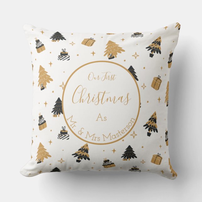 Gold Black First Christmas Tree Pattern Mr and Mrs Throw Pillow (Front)