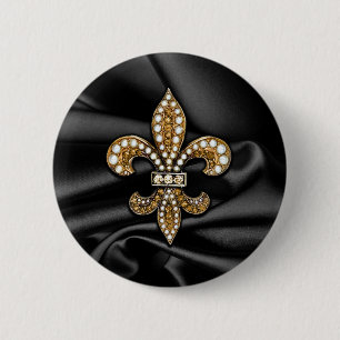 Gold Black Fleur De Lis Satin Jewel 2 Inch Round Button