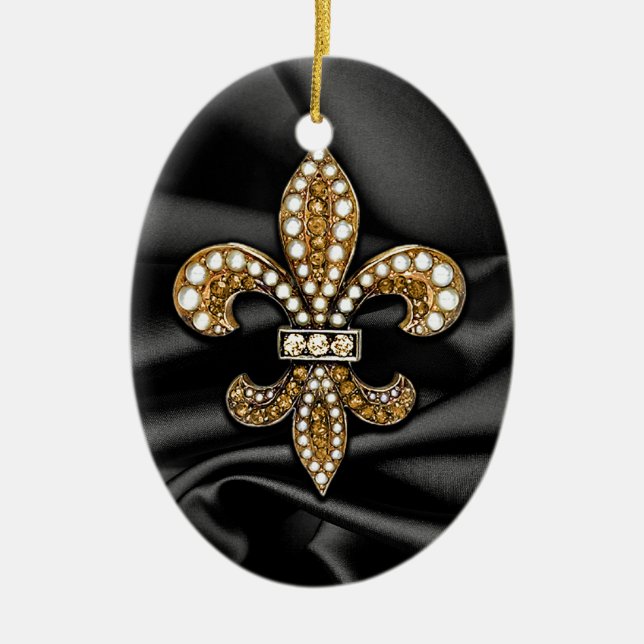 Gold Black Fleur De Lis Satin Jewel Ceramic Ornament (Front)