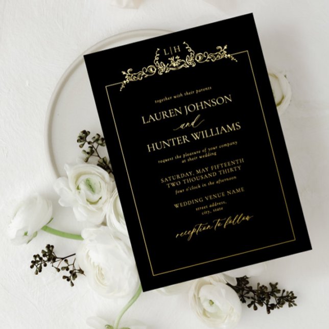 Gold Black Floral Border Monogram Wedding (Creator Uploaded)
