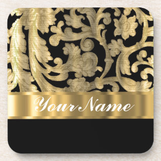 Gold & black floral damask coaster