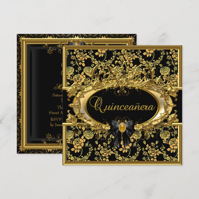Gold & Black Floral Damask Quinceanera Invitation (Devant / Derrière)