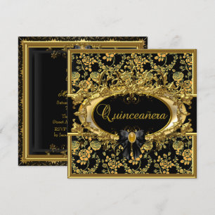 Gold & Black Floral Damask Quinceanera Invitation