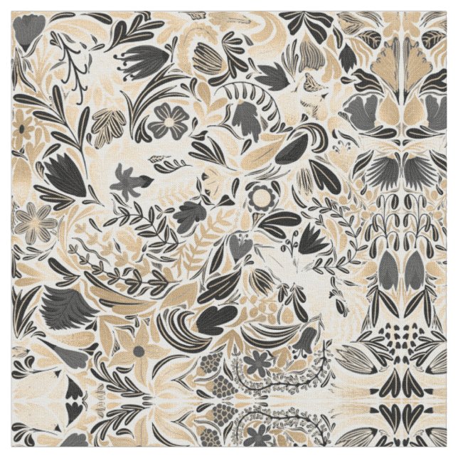 Gold Black Floral Leaves Illustration Pattern Fabric (Close Up)