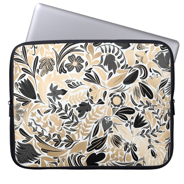 Gold Black Floral Leaves Illustration Pattern Laptop Sleeve (Front)
