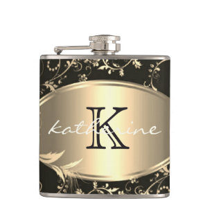 Gold Black Floral Monogram Name Personalized Hip Flask