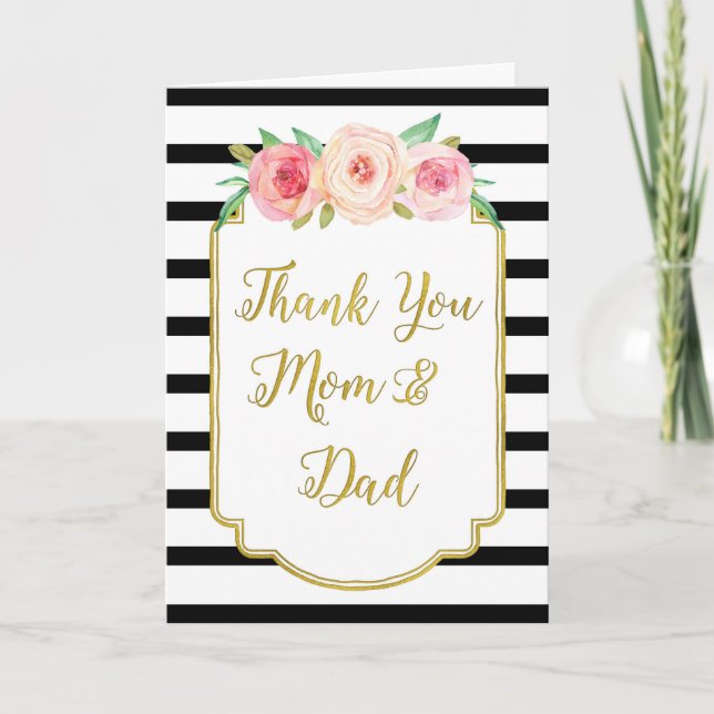 Gold Black Floral Parents Merci du jour de mariage (Devant)