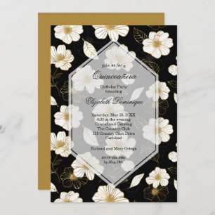 Gold Black Floral Quinceañera Invitations d'annive