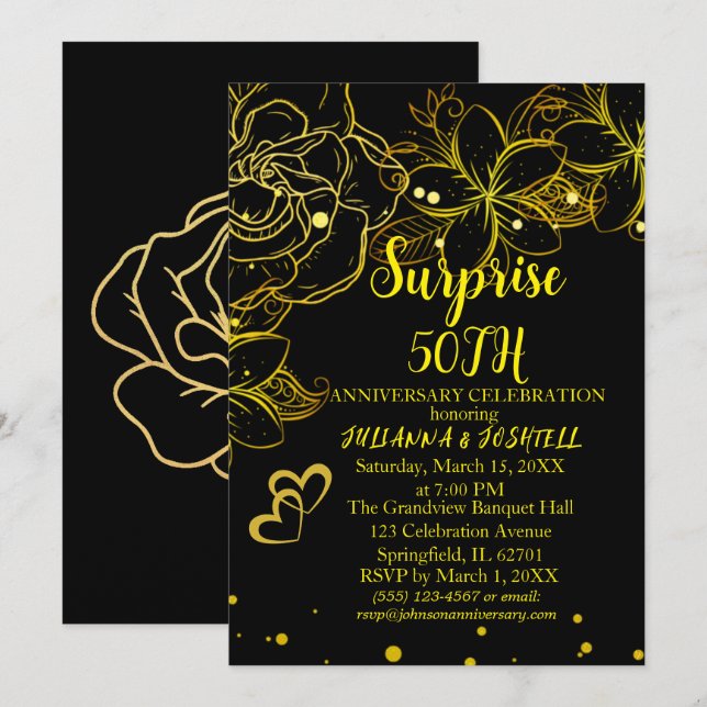 Gold Black Floral Surprise 50th Golden Anniversary Invitation (Front/Back)