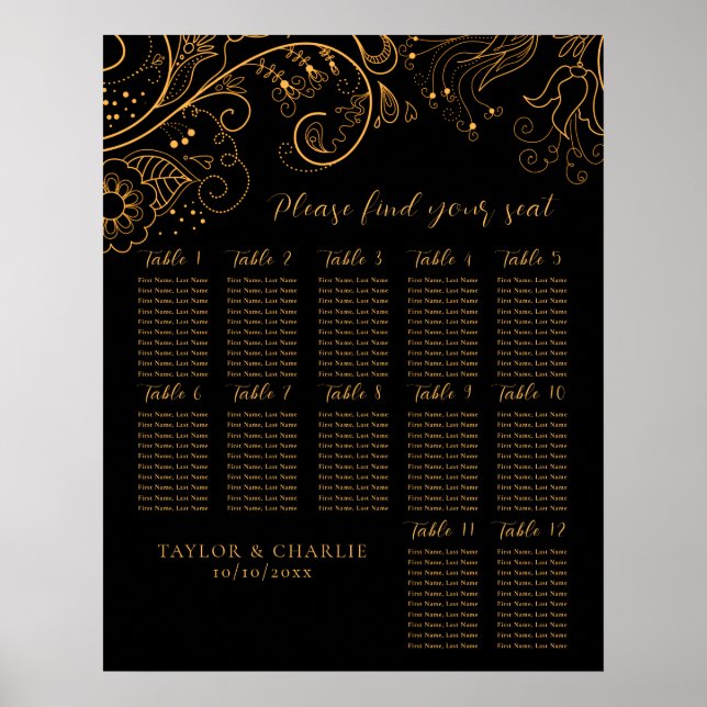Gold Black Floral Wedding 12 Tables Seating Chart (Front)