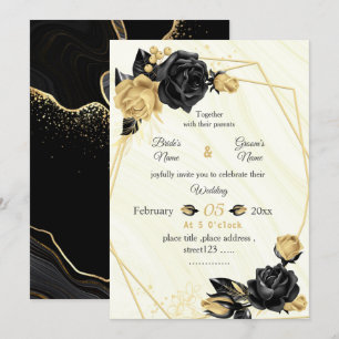 gold & black flowers botanical geometric wedding invitation