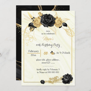 gold & black flowers geometric birthday  invitation
