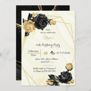 gold & black flowers geometric birthday invitation