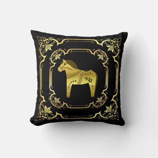 Gold/black Folk Dala horse, gilded design/black Throw Pillow (Front)